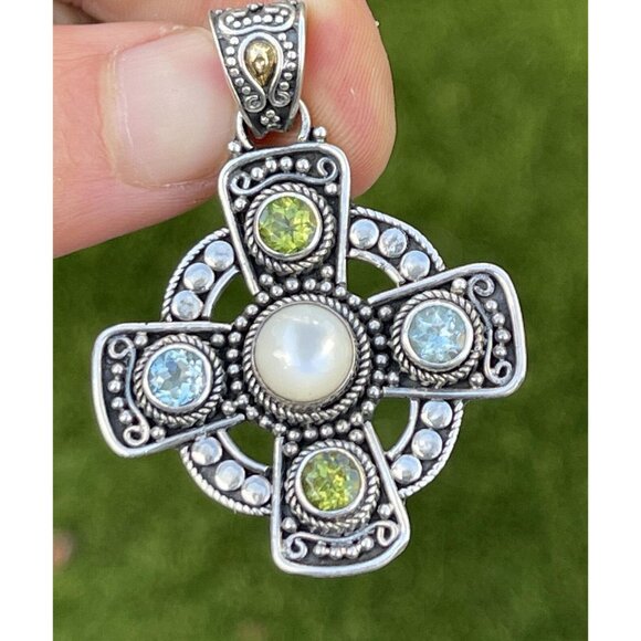 18k Gold and Sterling Silver Pendant Cross Bali Suarti Signed Topaz Peridot - Picture 1 of 7